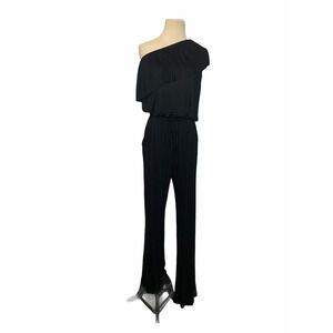 Tickled Teal Black Rayon One Shoulder Ruffled Jumpsuit Size M